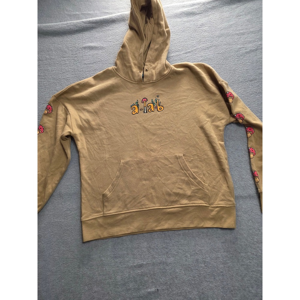 A-Lab Keep Growin Mushroom Graphic Hoodie‎ Tan Brown Mens Medium Pullover Fleece